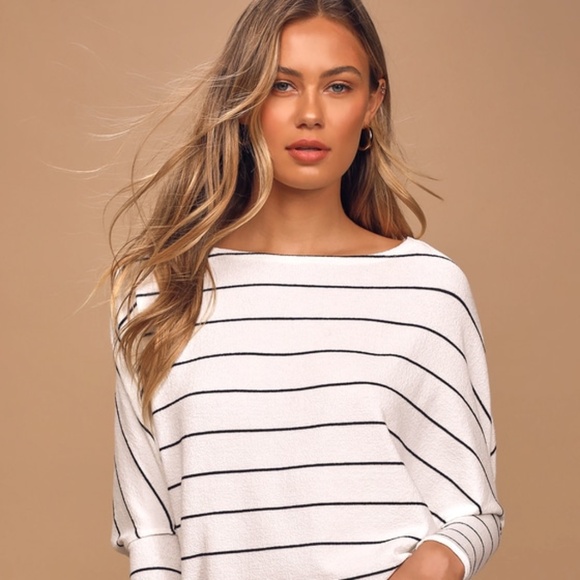 Lulus Basics Verla White And Black Striped Dolman Sleeve Sweater Top - Size M - Picture 1 of 4